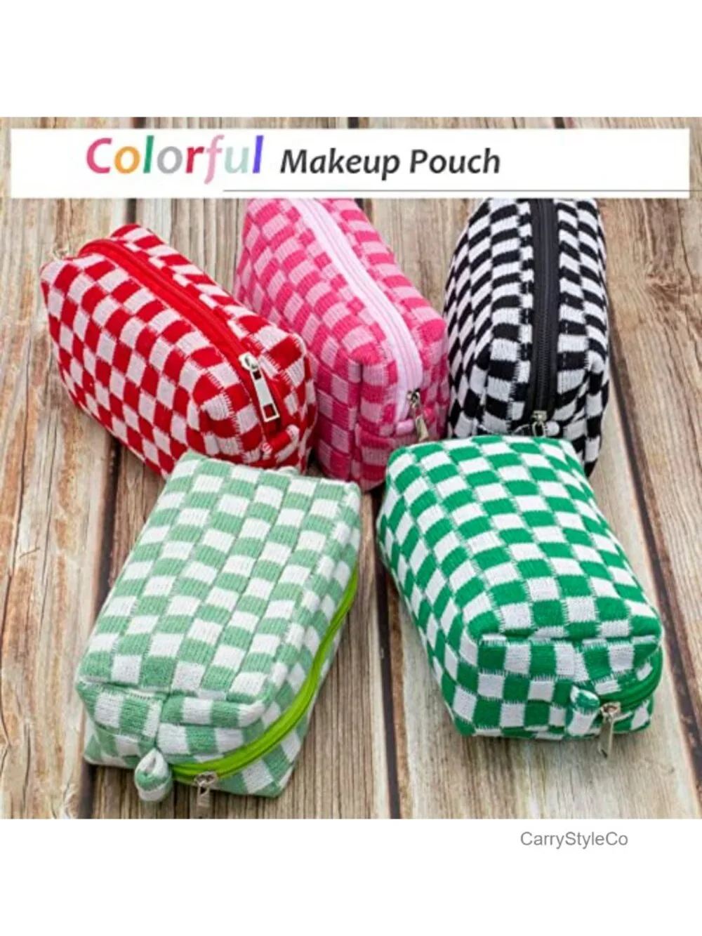 Compact Checkered Knit Makeup Bag for Purse, Travel Cosmetic Pouch